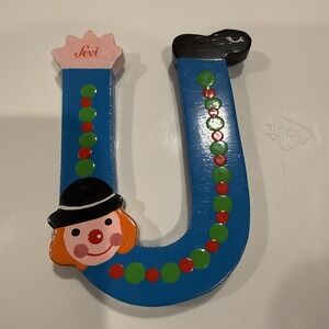 Vtg Sevi Clown Child Kids Alphabet Wooden Letter U Personalized‎ Decor Blue
